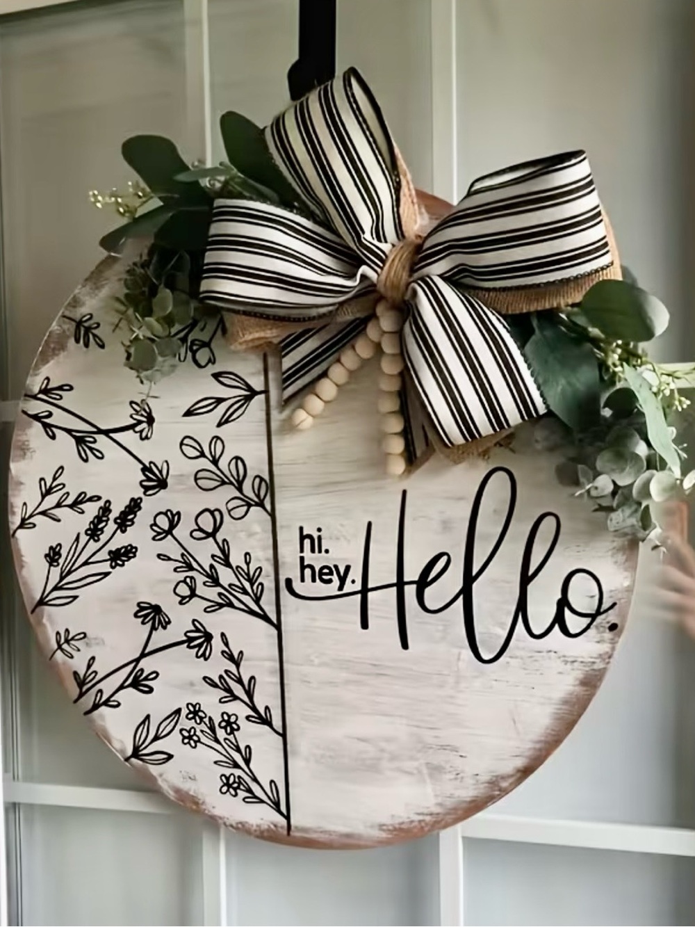 Hello Round Wooden Welcome Sign with Black Floral Design and Bow